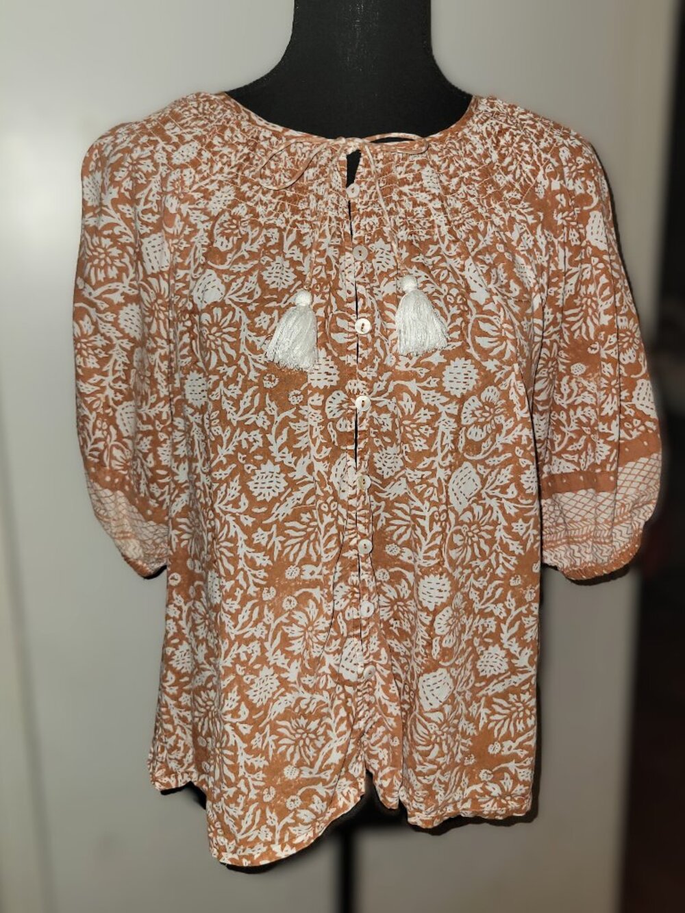 Cleobella Brownish/White Patterned Peasant Button Up Top - S